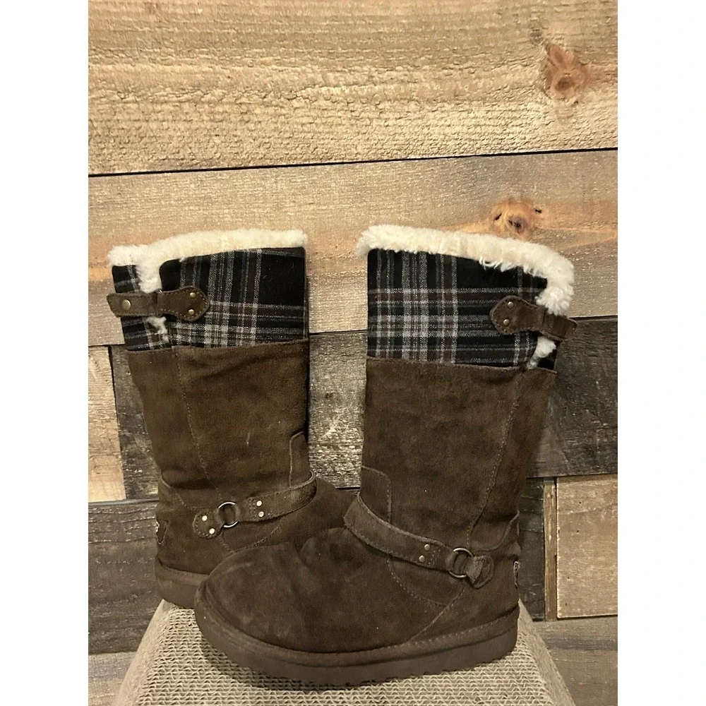 Ugg  Girls Winter Tall Maura Brown Suede Plaid Buckle‎ Zipper Boot Size 1 3286